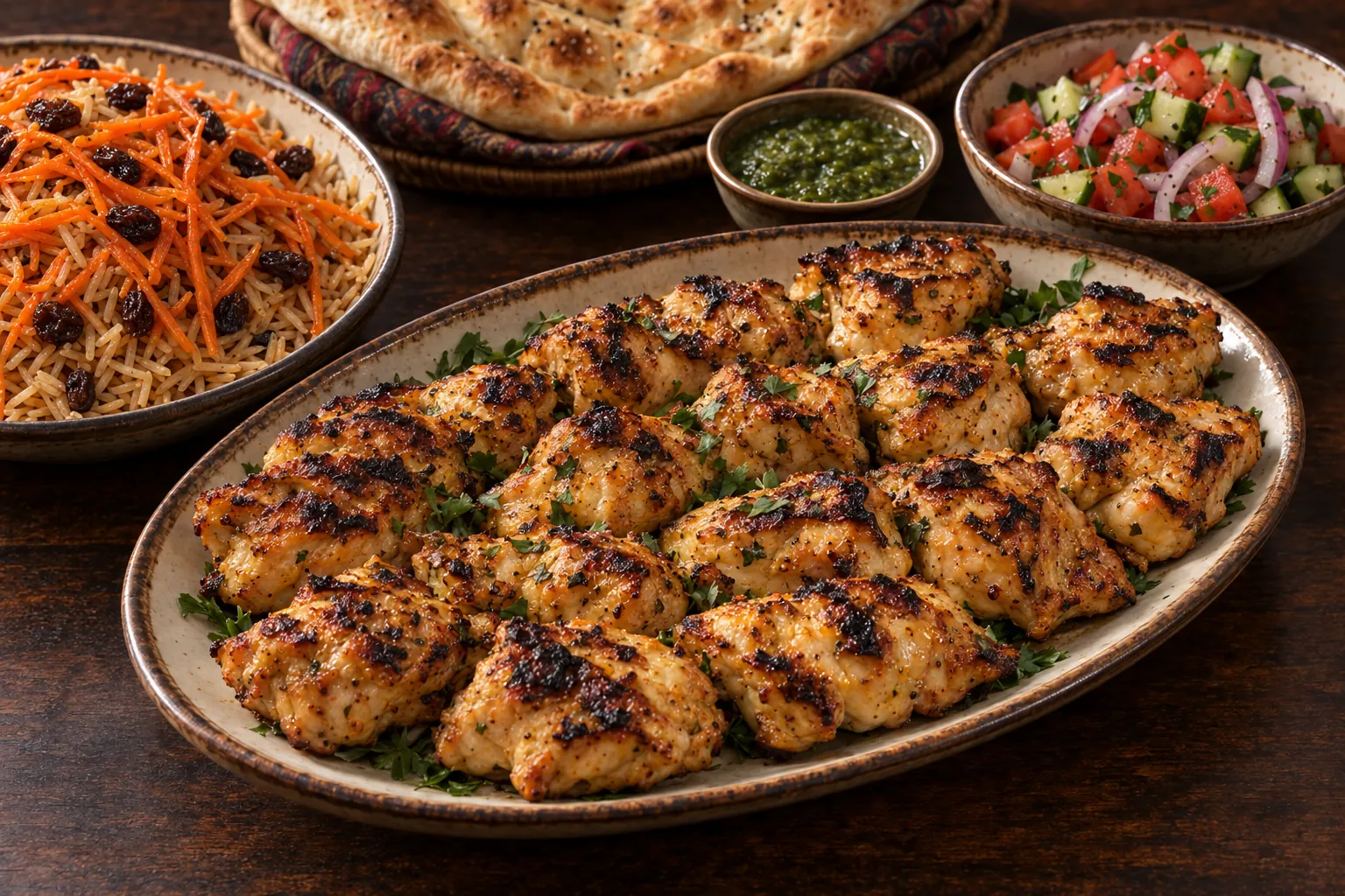 Illustrative close-up of chicken kabob with the lunch menu accompaniments