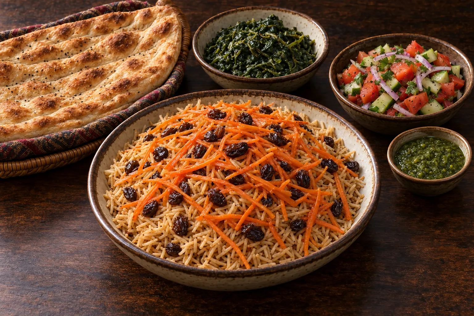 Illustrative presentation of Kabli rice with Sabzy and bread