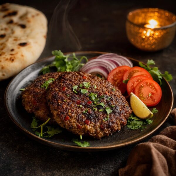 Chapli Kabob — spiced ground beef and lamb patties, charred at the edges