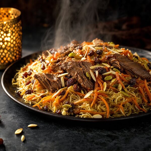 Kabli Palaw — rice with Afghan spices, shredded carrots and raisins
