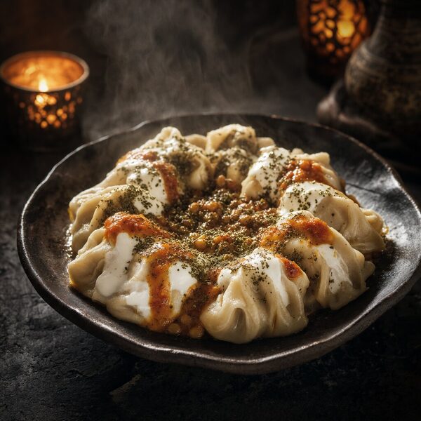 Mantu — steamed beef dumplings topped with lentils and homemade mint yogurt