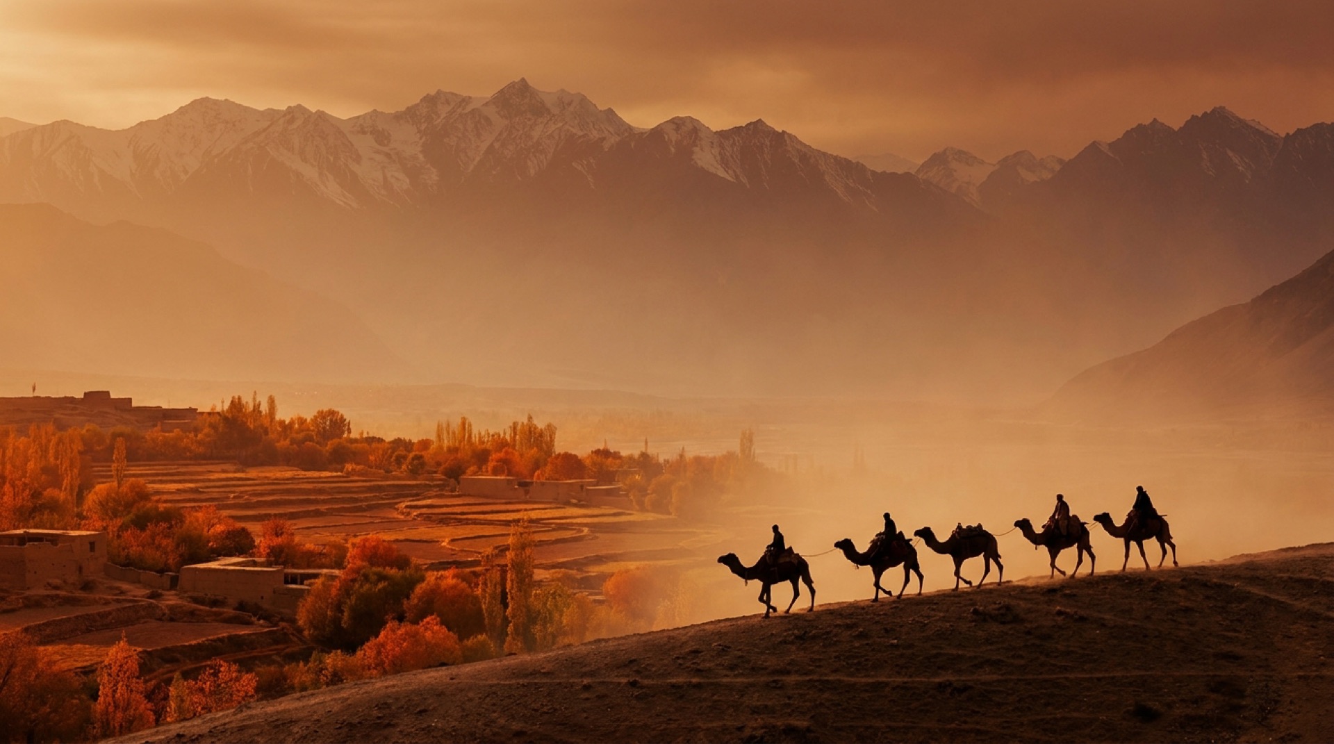 Illustration of a camel caravan at golden dusk